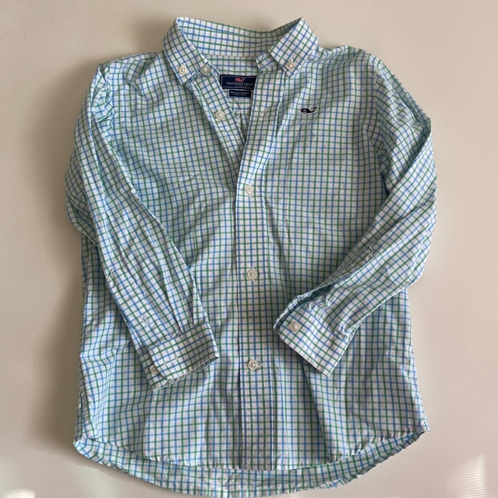 Vineyard Vines Whale Shirt size 3T long sleeves with blue, green and white plaid